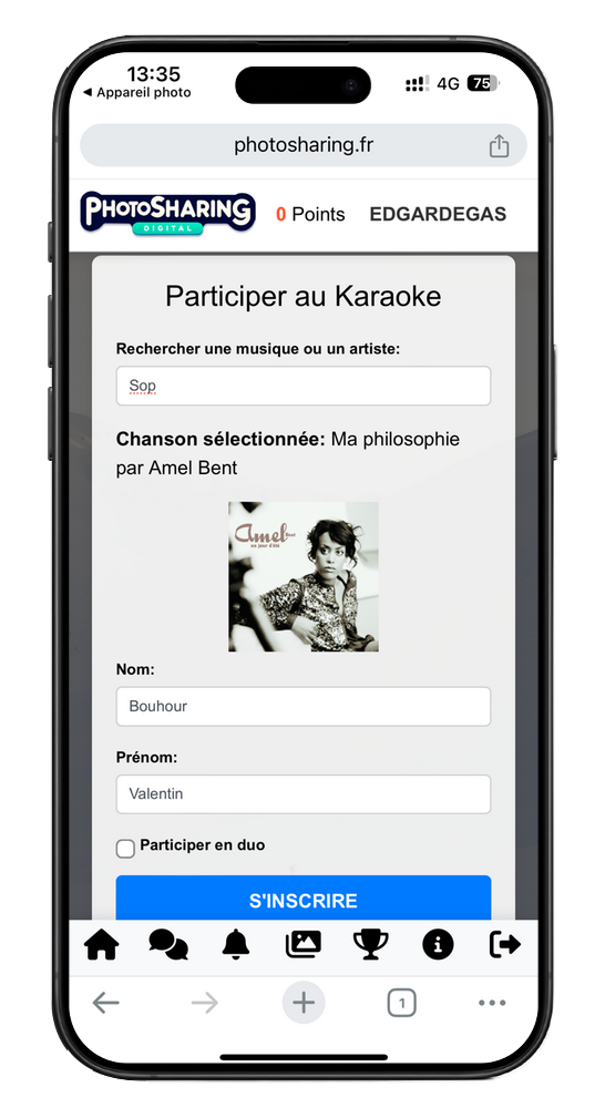 Deuxième vue du module karaoké activé sur l'application PhotoSharing